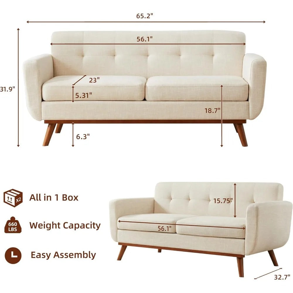 Mid-Century Modern 65" Loveseat Sofa – Tufted Upholstered Couch for Living Room, Beige Fabric with Solid Wood Legs