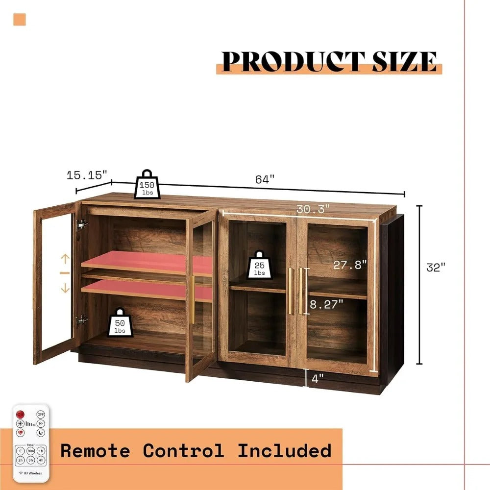 Modern Sideboard Buffet Cabinet with LED Lights, Glass Doors & Adjustable Shelves – Barnwood & Brown