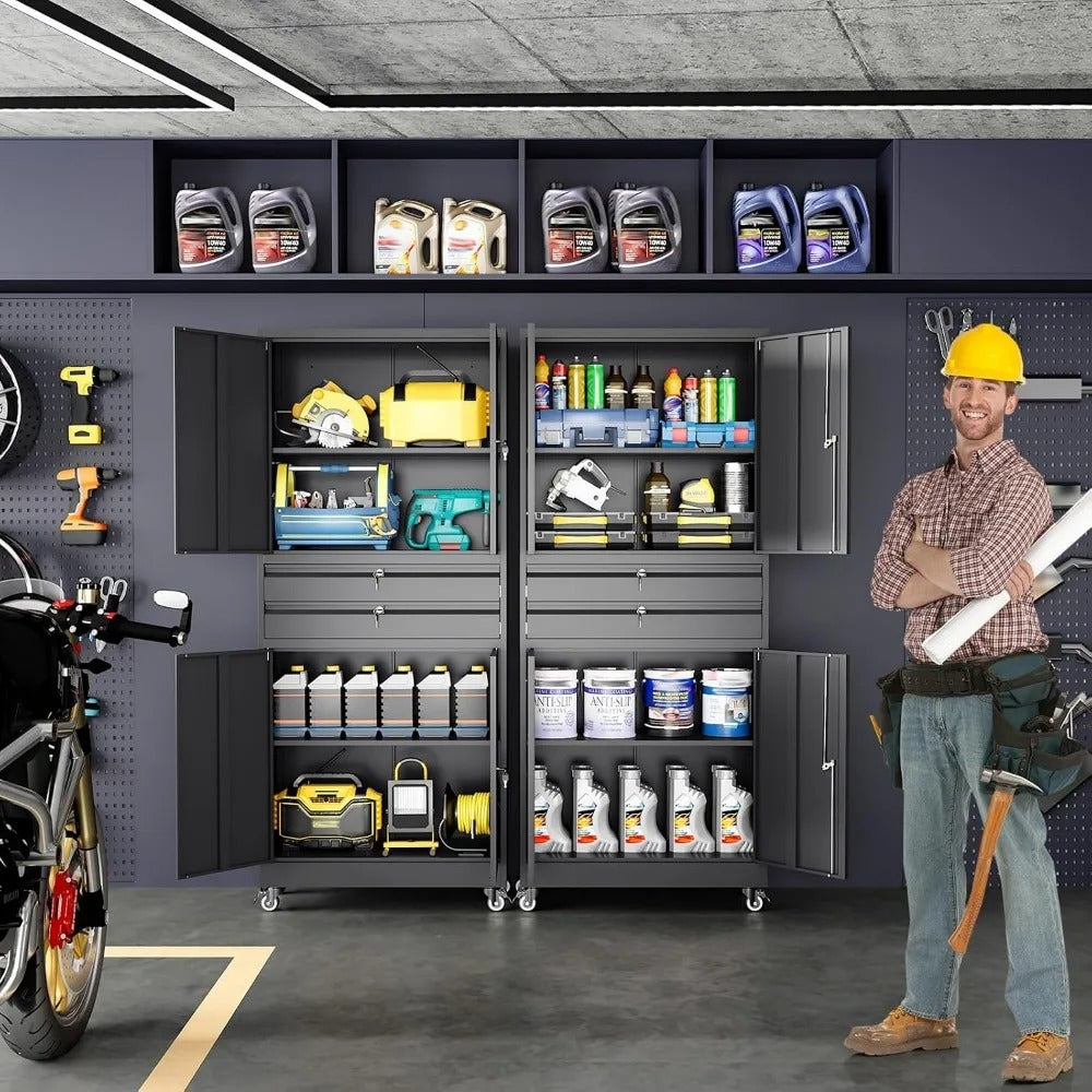 Heavy-Duty Metal Storage Cabinet with Lock, Drawers & Wheels