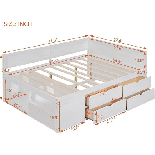 Full Size Daybed with Storage Drawers & Shelves – Solid Wood Sofa Bed Frame for Kids, Teens, or Guest Room (White)