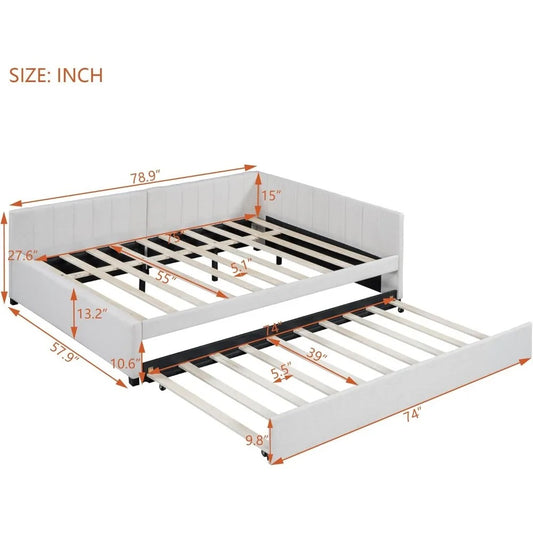 Full Size Upholstered Daybed with Twin Trundle – Linen Fabric Sofa Bed Frame, No Box Spring Needed, Beige