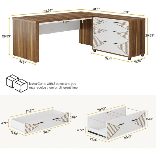 62.99" L-Shaped Executive Desk with Mobile File Cabinet – Large Home Office Workstation, Brown & White