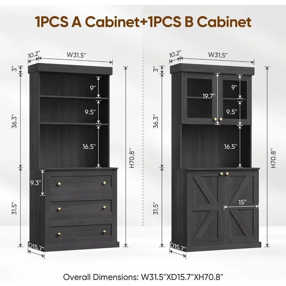 71" Tall Farmhouse Storage Cabinet with Glass Doors & Drawers – Modular Bookcase with Countertop & Adjustable Shelves