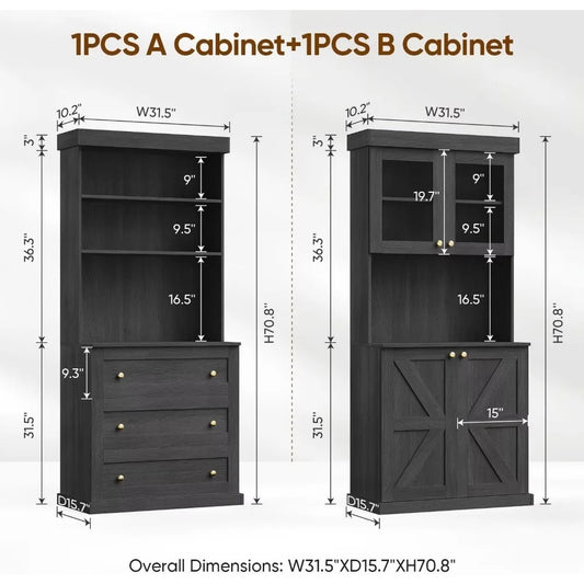 71" Tall Farmhouse Storage Cabinet with Glass Doors & Drawers – Modular Bookcase with Countertop & Adjustable Shelves