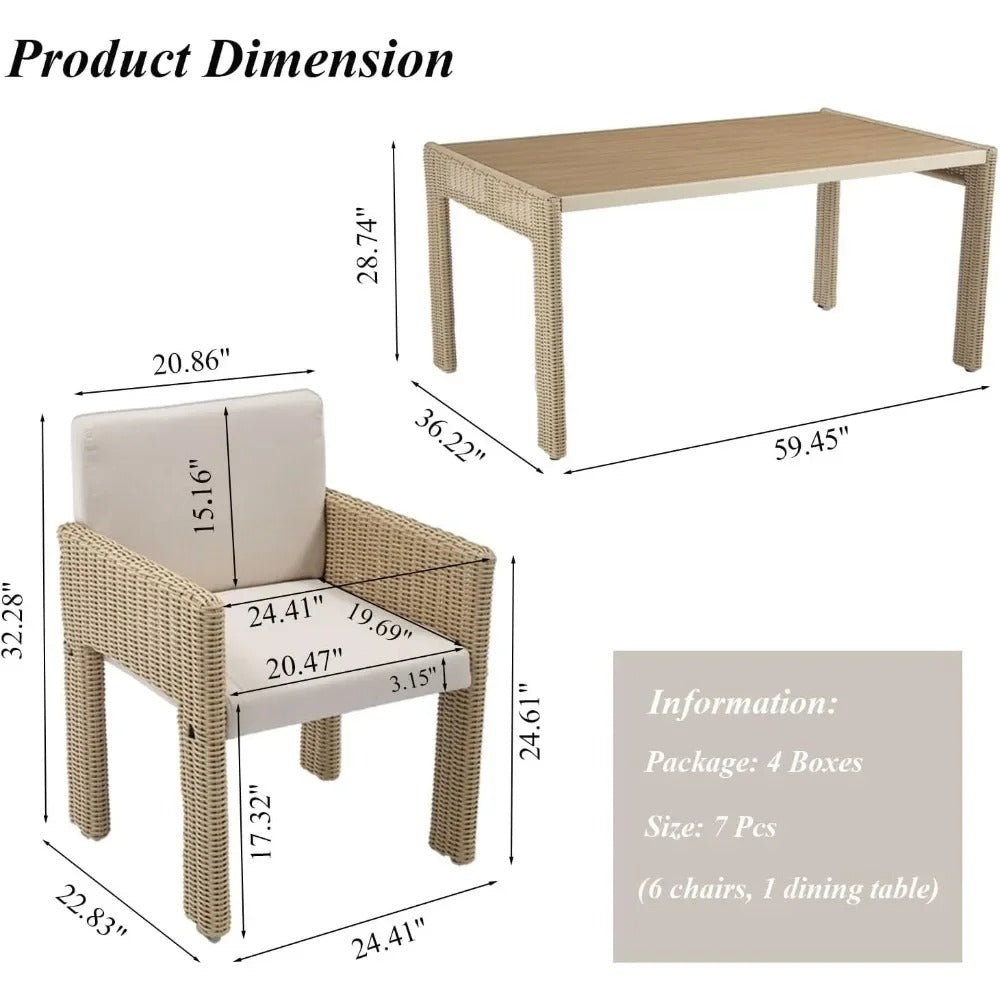 7-Piece Modern Outdoor Patio Dining Set with Cushioned Chairs & Faux Wood Table – All-Weather PE Wicker Furniture