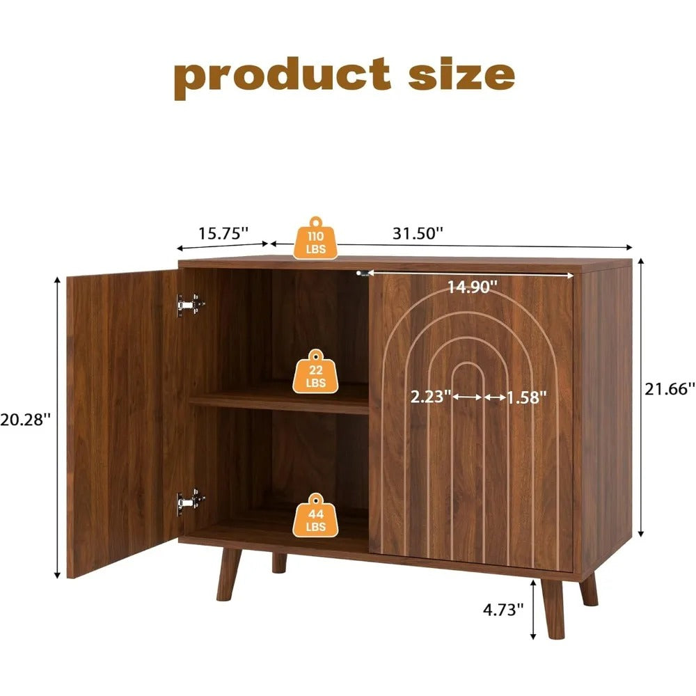 63" Modern Walnut Sideboard Cabinet – Set of 2 Decorative Storage Buffets with Carved Detail