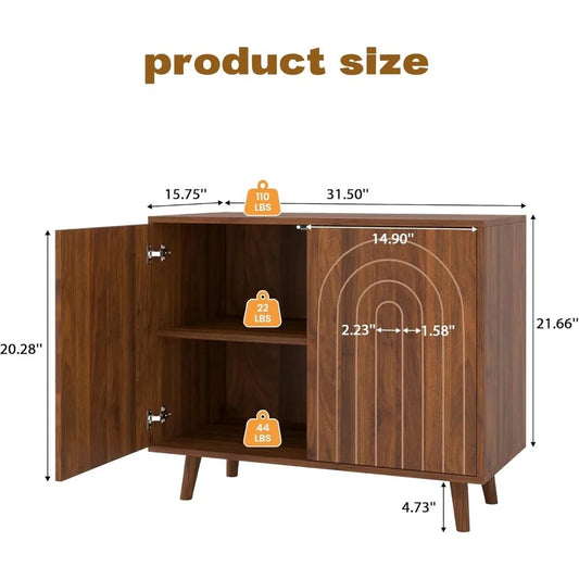 63" Modern Walnut Sideboard Cabinet – Set of 2 Decorative Storage Buffets with Carved Detail