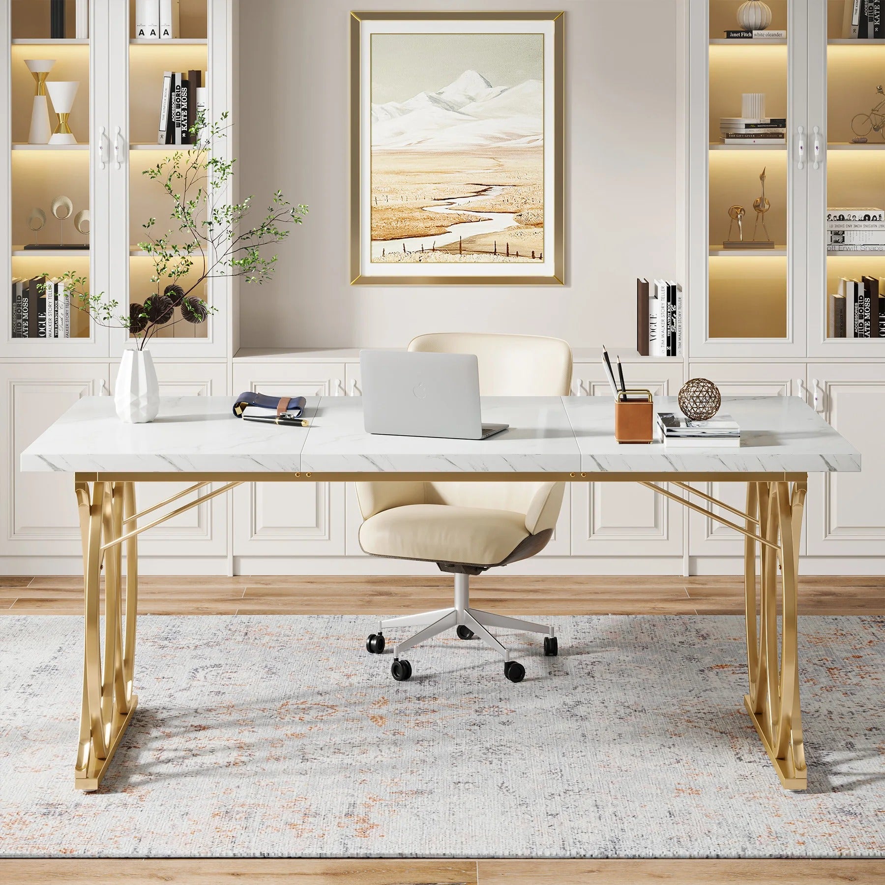Modern White & Gold Executive Desk – 63" Large Conference Table or Home Office Workstation