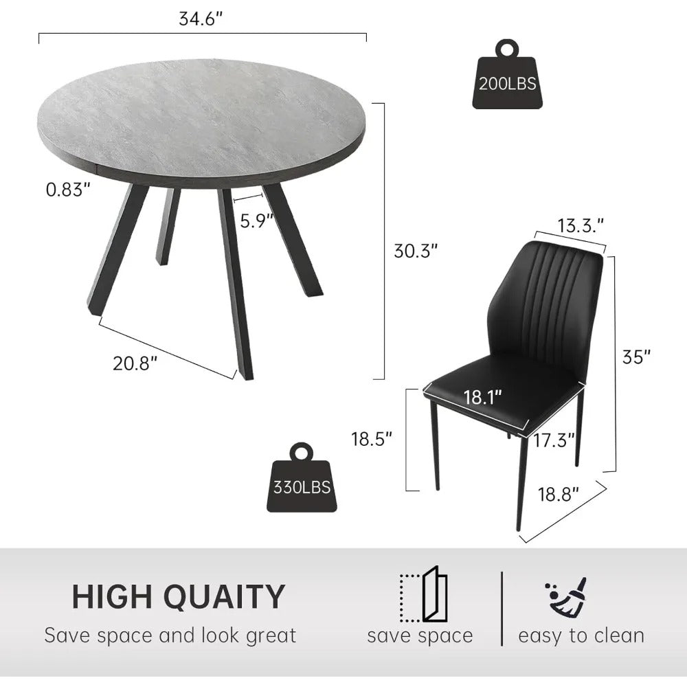 Modern Round Dining Table Set for 2 – Black Table with 2 PU Leather Chairs, Space-Saving Kitchen & Coffee Table Set