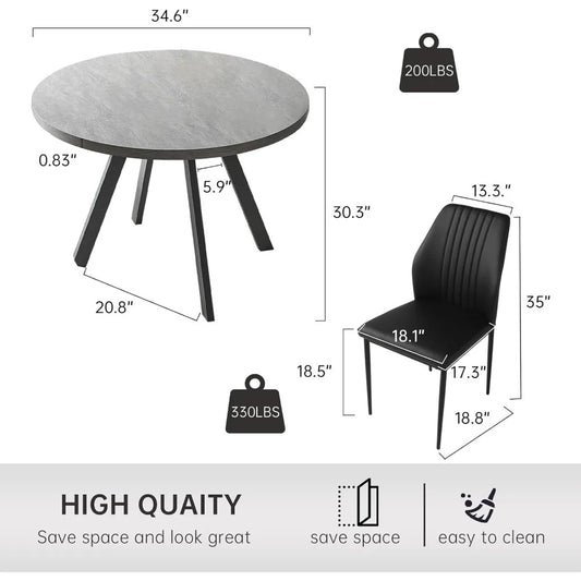 Modern Round Dining Table Set for 2 – Black Table with 2 PU Leather Chairs, Space-Saving Kitchen & Coffee Table Set