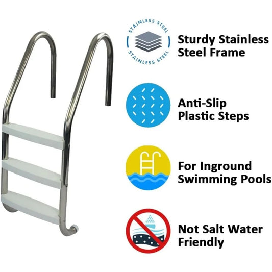 3-Step Stainless Steel Pool Ladder with Non-Slip Steps – In-Ground Swimming Pool Entry & Exit System, 250 lb Capacity