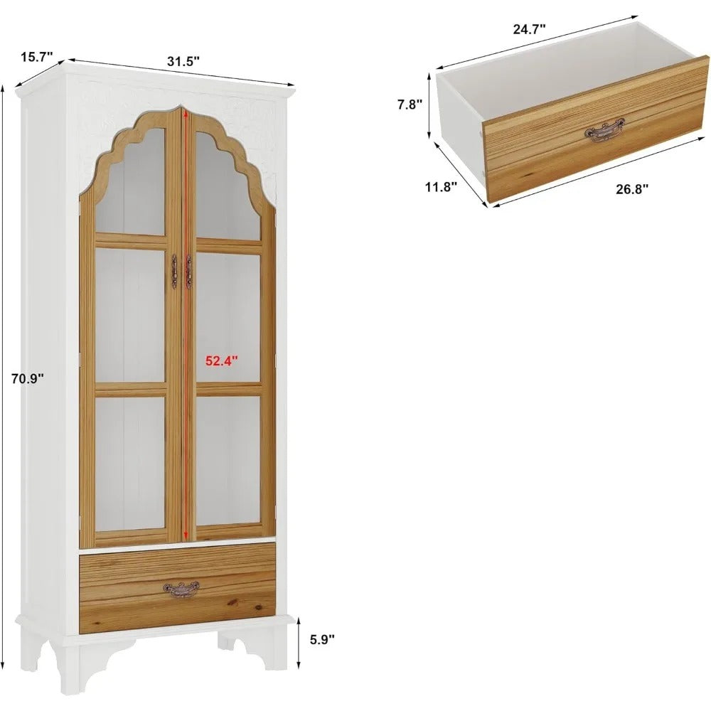 70.9" Farmhouse Kitchen Pantry Cabinet with Carved Glass Doors & Drawer – Corner Storage & Display Cabinet