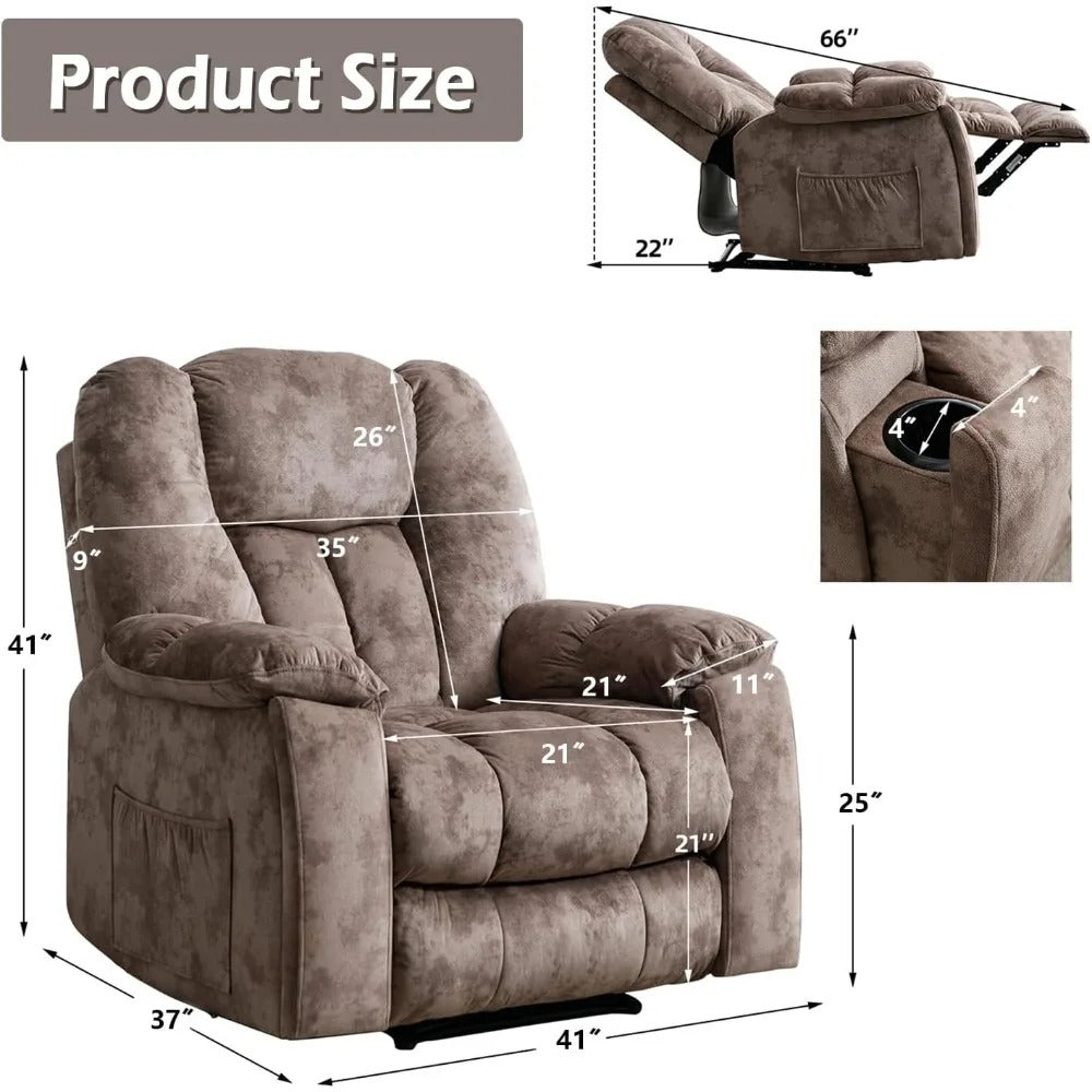 Manual Heated Recliner Chair with Massage, Cup Holders & Overstuffed Back – Soft Fabric Lounge Chair for Full-Body Relaxation (Brown)