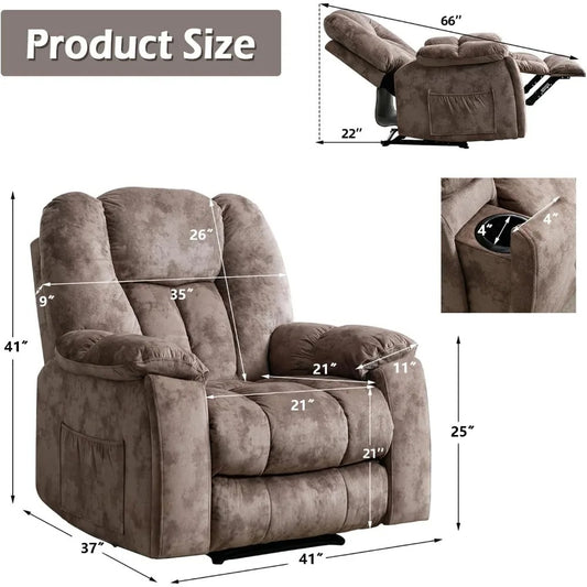 Manual Heated Recliner Chair with Massage, Cup Holders & Overstuffed Back – Soft Fabric Lounge Chair for Full-Body Relaxation (Brown)