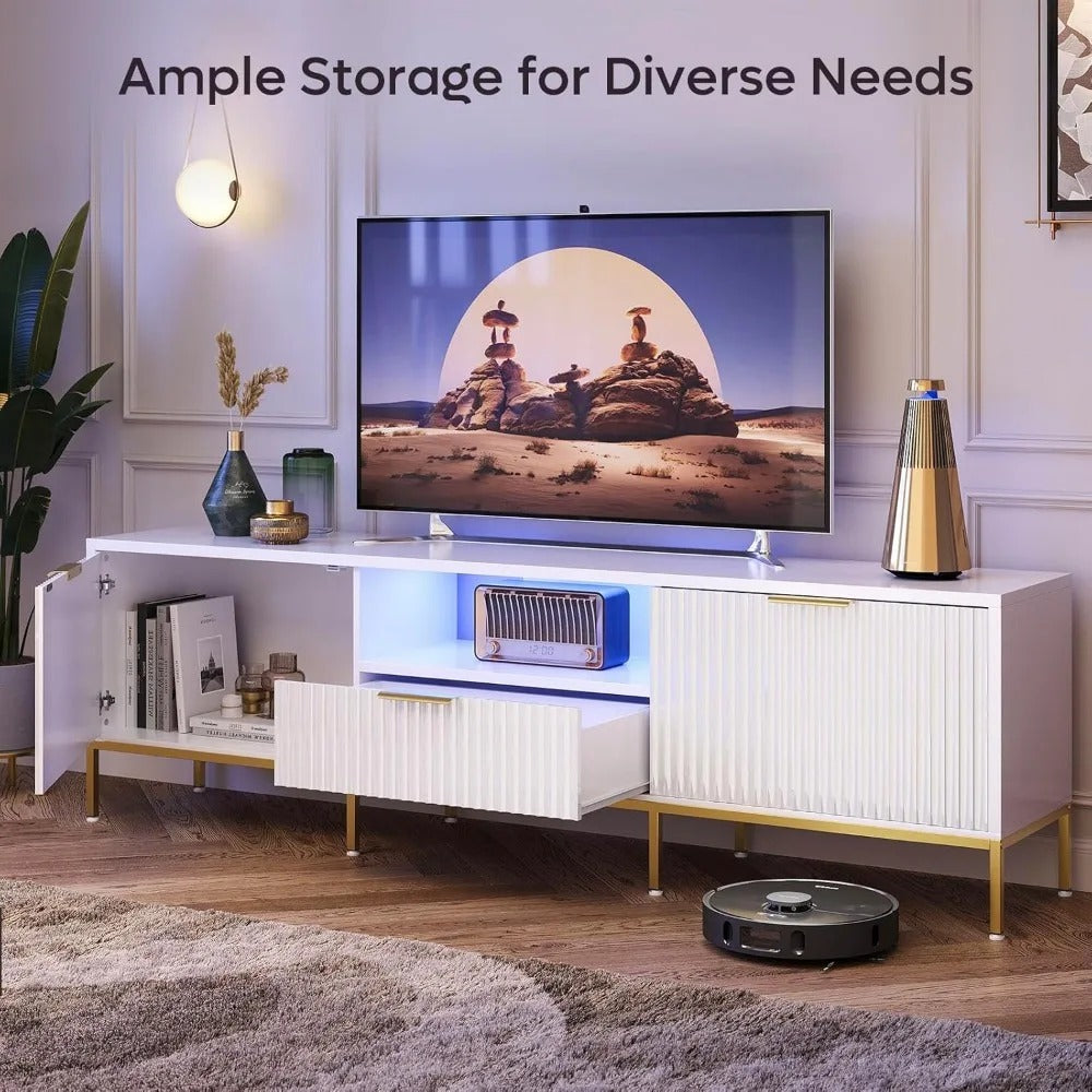 70" Fluted TV Stand for TVs up to 80" – Modern High Gloss Entertainment Center with LED Lights, Storage Cabinets & Gold Accents – White