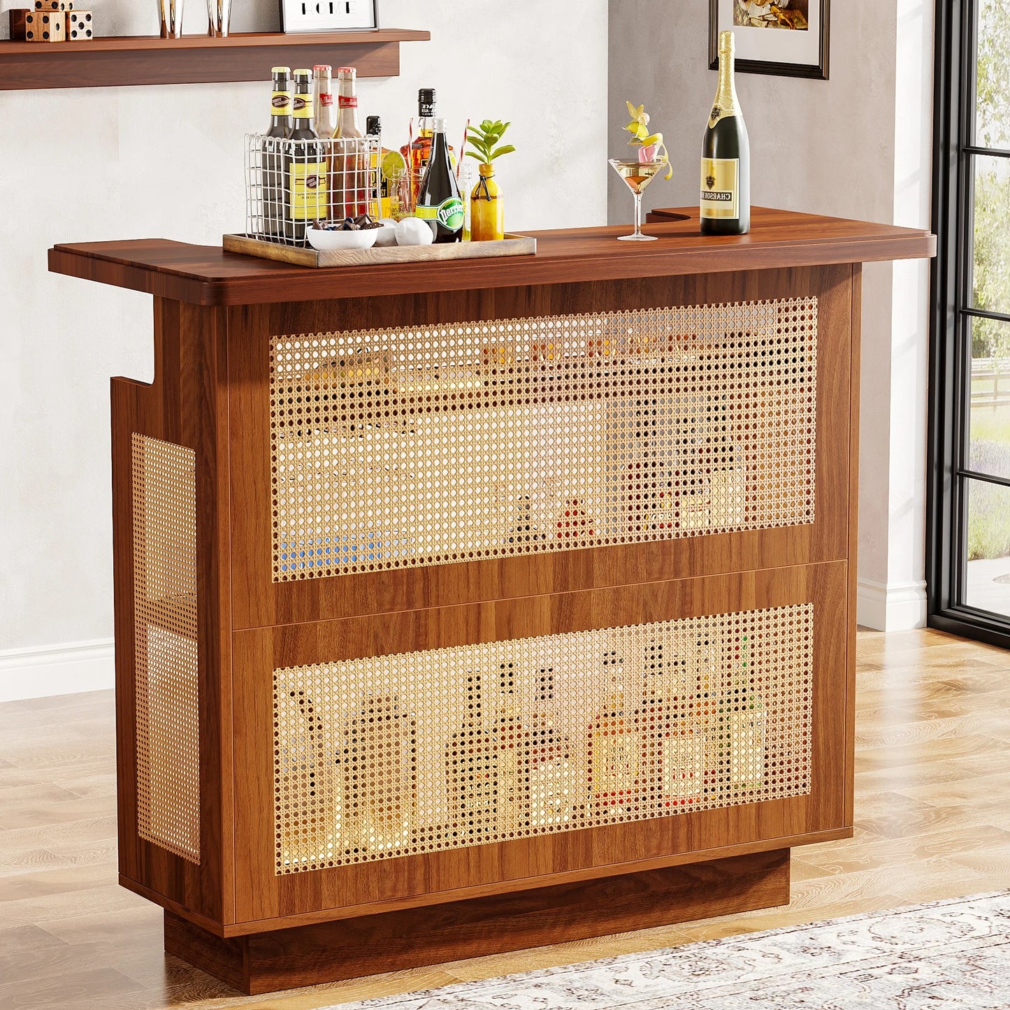 Farmhouse Rattan Home Bar Cabinet with 4 Shelves, Stemware Racks & Elevated Base – Rustic Liquor Storage Table