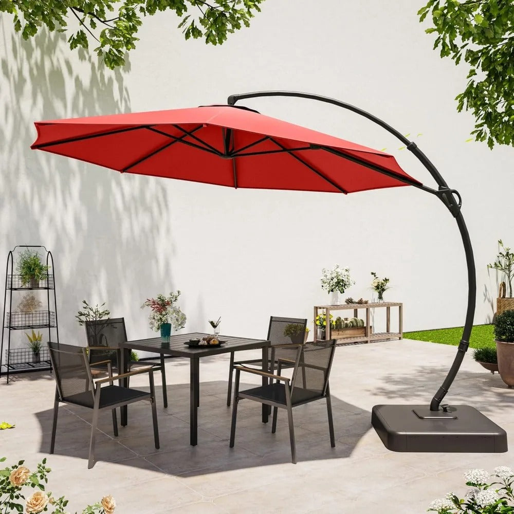 11 FT Cantilever Patio Umbrella with Base – 360° Rotating Offset Umbrella, Heavy-Duty UV & Water-Resistant Fabric, Red