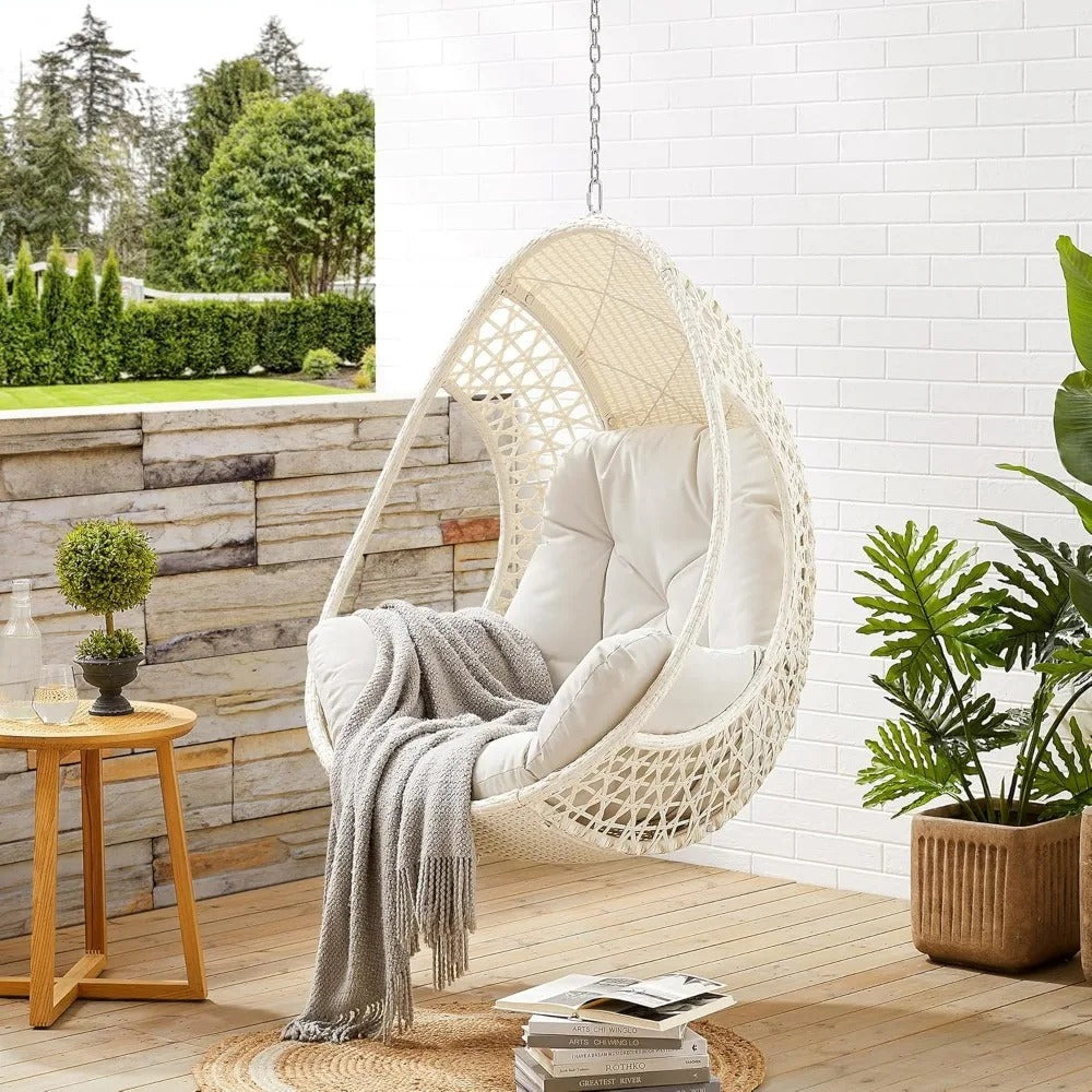 Hanging Egg Chair with Beige Cushion – Teardrop Outdoor Wicker Swing (No Stand)