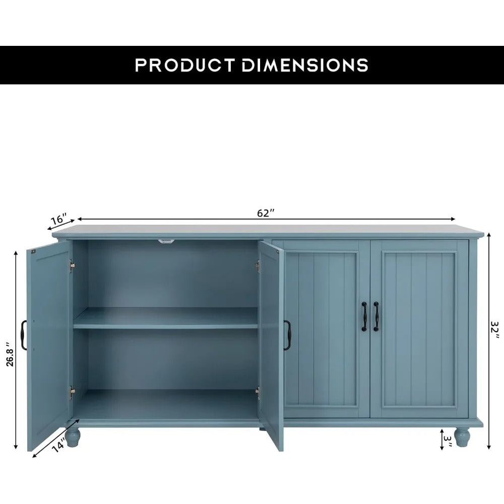 62" Modern Buffet & Bar Cabinet – Aqua Blue Sideboard with 4 Doors and Adjustable Shelves, Storage Cabinet for Kitchen, Dining Room & Living Room
