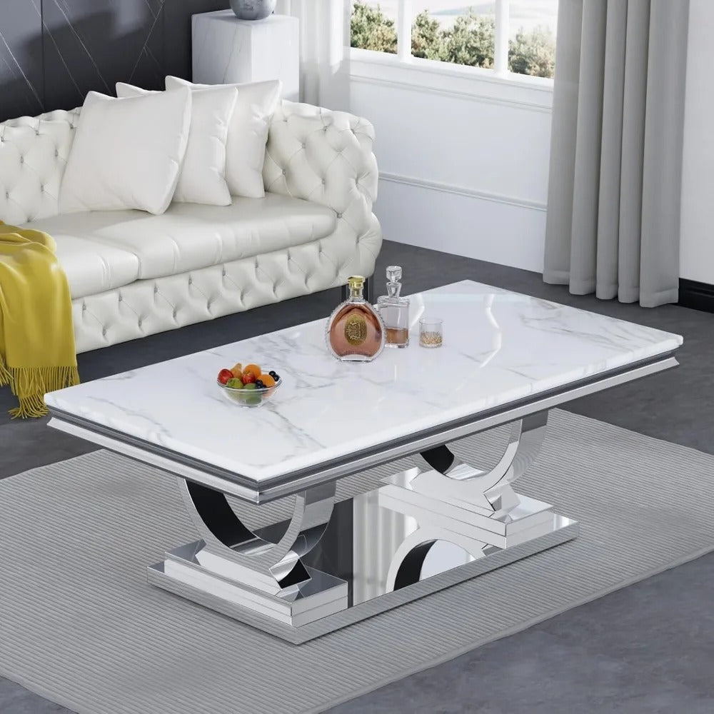 Modern Marble Coffee Table – White Rectangular Top with Silver Mirrored U-Shape Stainless Steel Base