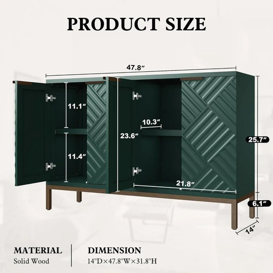 Green Fluted Sideboard Buffet – 47" Modern Storage Cabinet with 4 Doors & Bronze Metal Legs for Dining Room & Entryway