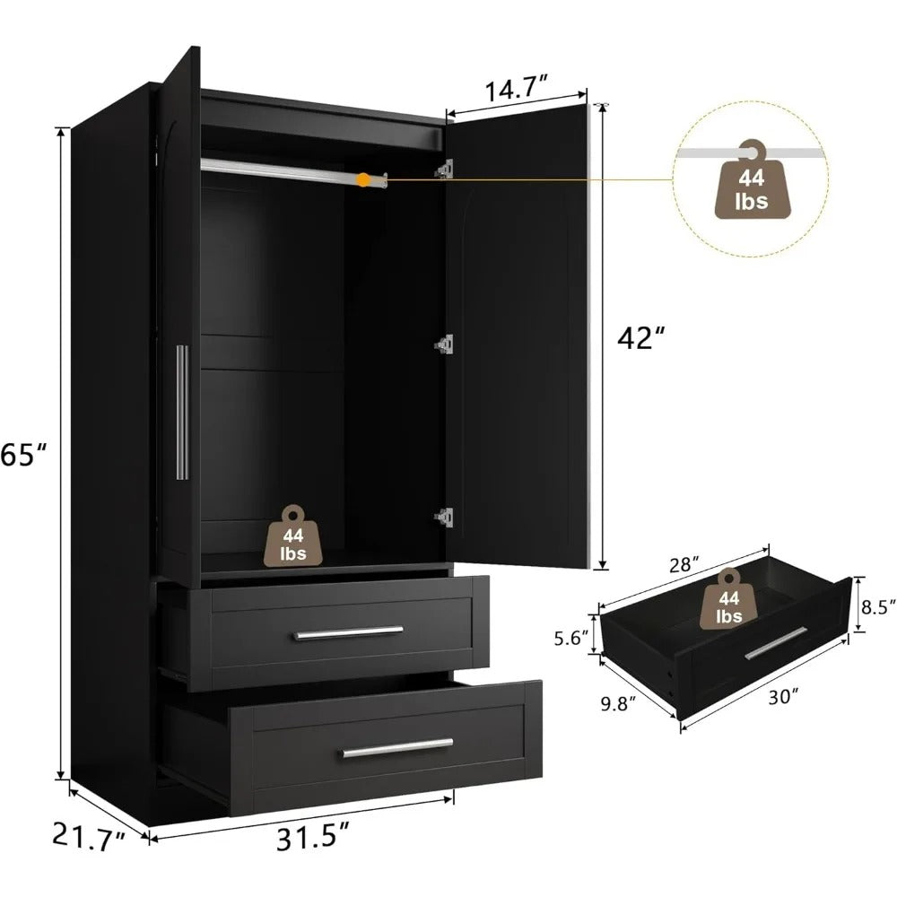 Modern Black Wooden Wardrobe Closet with 2 Drawers & Shelves – Dustproof, Durable & Space-Saving Design
