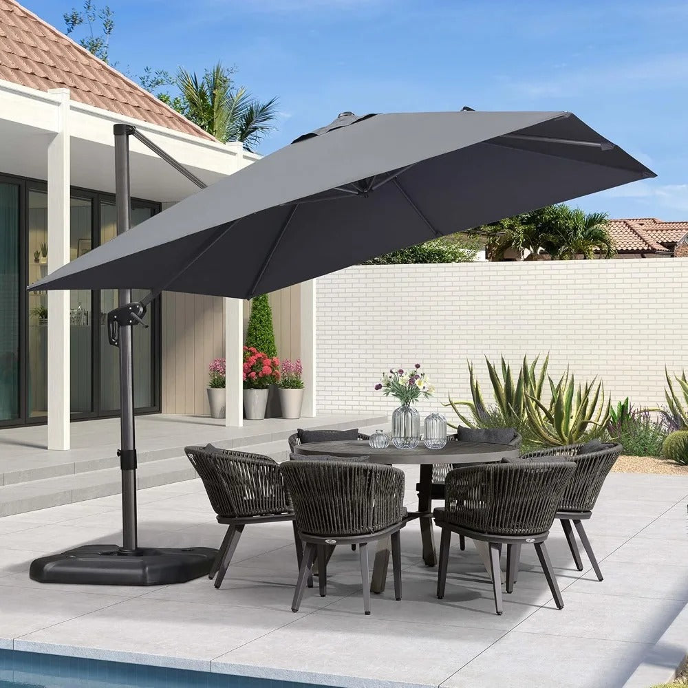 10 Ft Cantilever Patio Umbrella with Base – Square Offset Umbrella with 360° Rotation, UV-Resistant Fabric & Aluminum Frame, Light Grey
