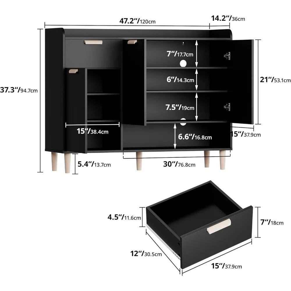 Modern Shoe Cabinet with Drawer & Doors – 4-Tier Adjustable Wood Shoe Organizer for Entryway, Hallway, or Bedroom