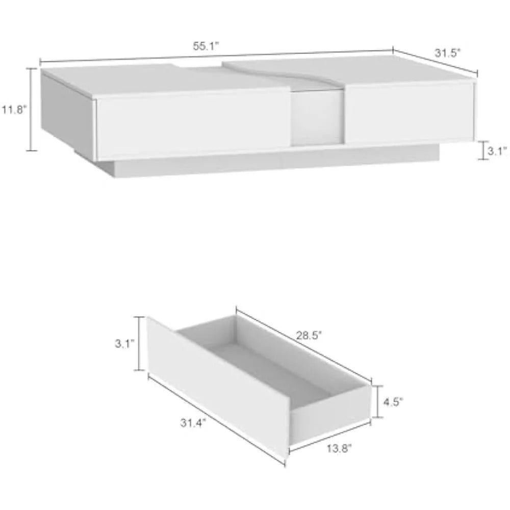 Modern LED Coffee Table with Glass Top – White Center Table with 2 Drawers & Storage for Living Room