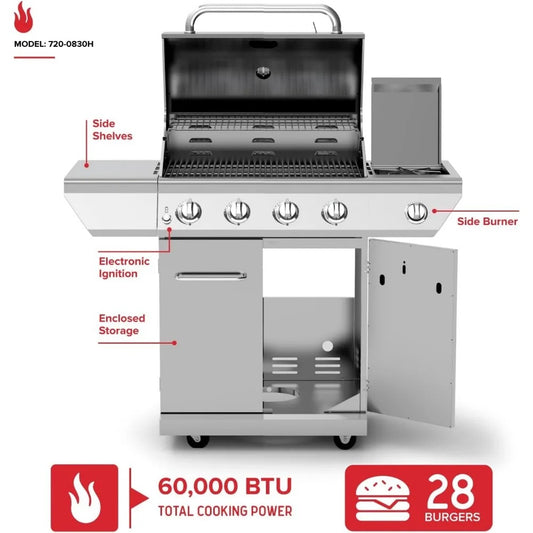 4-Burner Propane Gas Grill with Side Burner – 60,000 BTUs, Stainless Steel