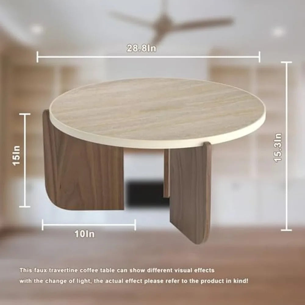 28" Round Travertine Coffee Table – Minimalist Faux Stone Table with Oak Wood Base (Beige Yellow)