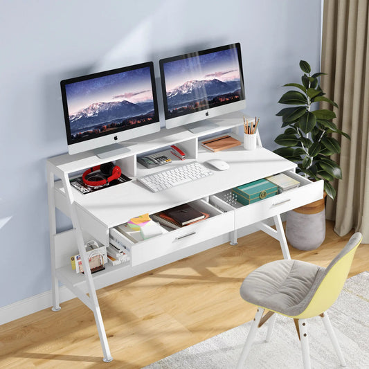 47" Computer Desk with Monitor Riser, Drawers & Shelf – Modern Study Table with Storage