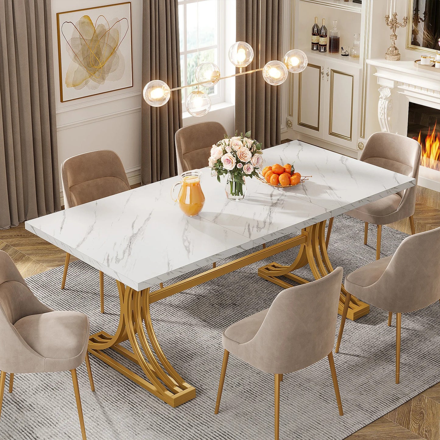 Elegant White Dining Table with Faux Marble Top – Modern Rectangular Table for 4 to 6 People with Gold Metal Legs