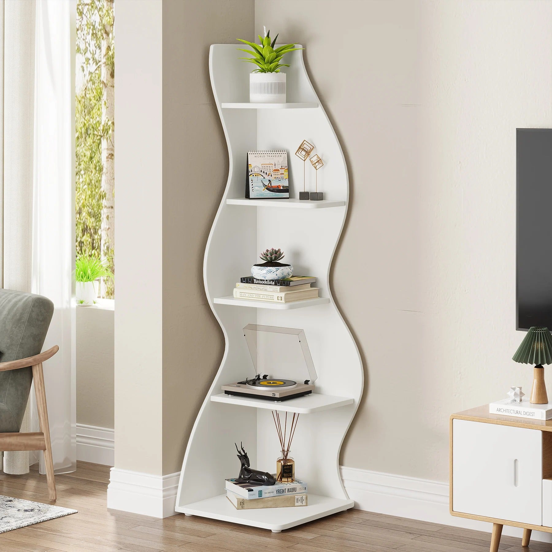 Modern White Corner Bookshelf – Minimalist Storage Rack for Living Room or Office