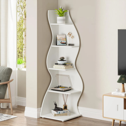 Modern White Corner Bookshelf – Minimalist Storage Rack for Living Room or Office