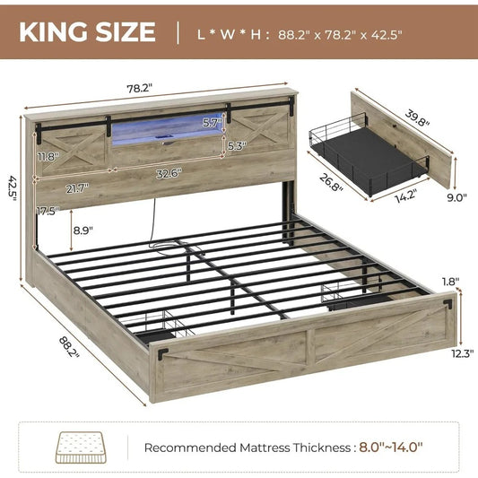 King Size Farmhouse Bed Frame with LED Headboard, Charging Station & Storage Drawers – Rustic Wood Platform Bed with Sliding Barn Doors