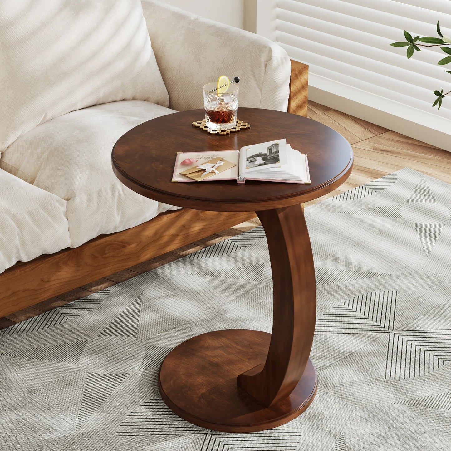 C-Shaped Round End Table – Retro Wood Side Table for Couch, Bed, or Living Room