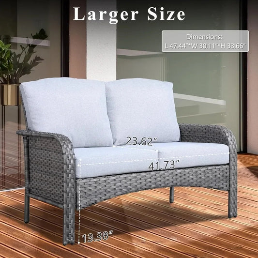 4-Piece Outdoor Wicker Patio Furniture Set – All-Weather Rattan Loveseat, Chairs & Table with Cushions (Gray)