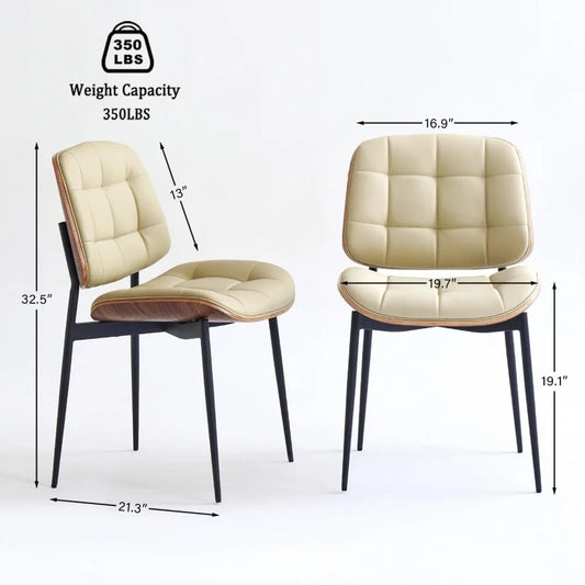 Mid-Century Modern Dining Chairs Set of 4 – Walnut Grain Back, Beige Faux Leather Upholstery, Checkered Cushion, Metal Frame