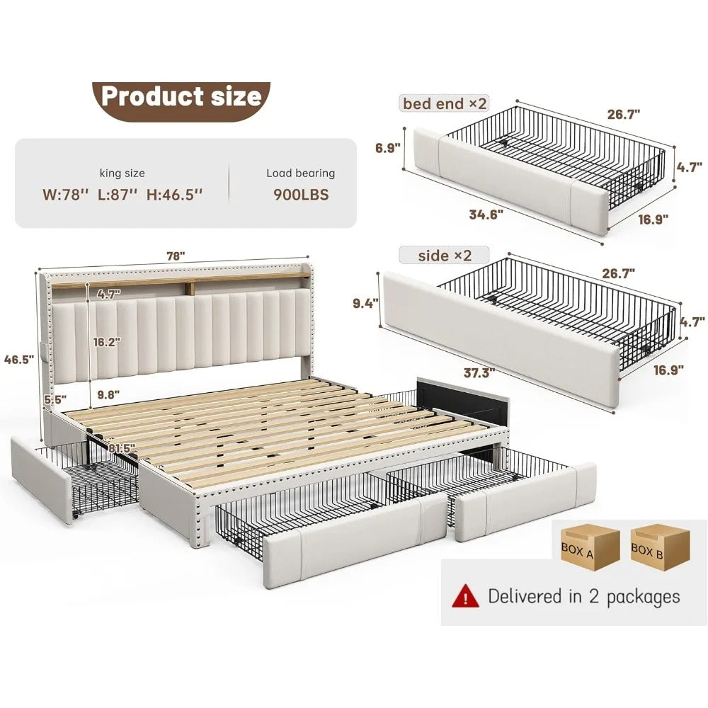 King Size Bed Frame with Storage Drawers & Headboard Shelves – Upholstered Platform Bed, 900 lb Support, Beige