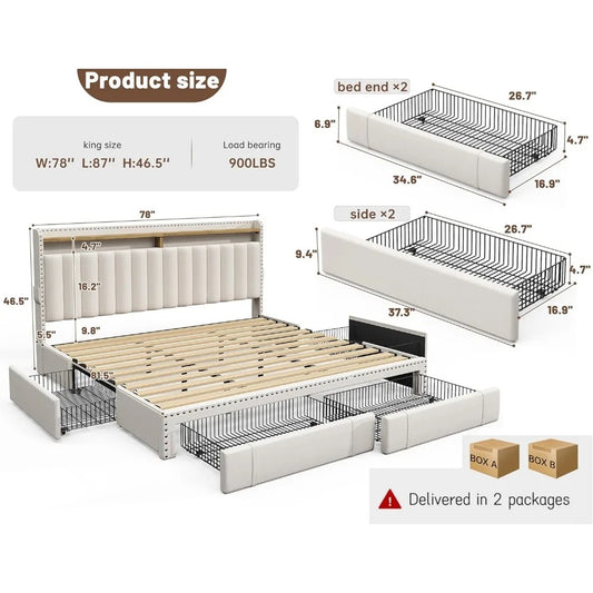 King Size Bed Frame with Storage Drawers & Headboard Shelves – Upholstered Platform Bed, 900 lb Support, Beige