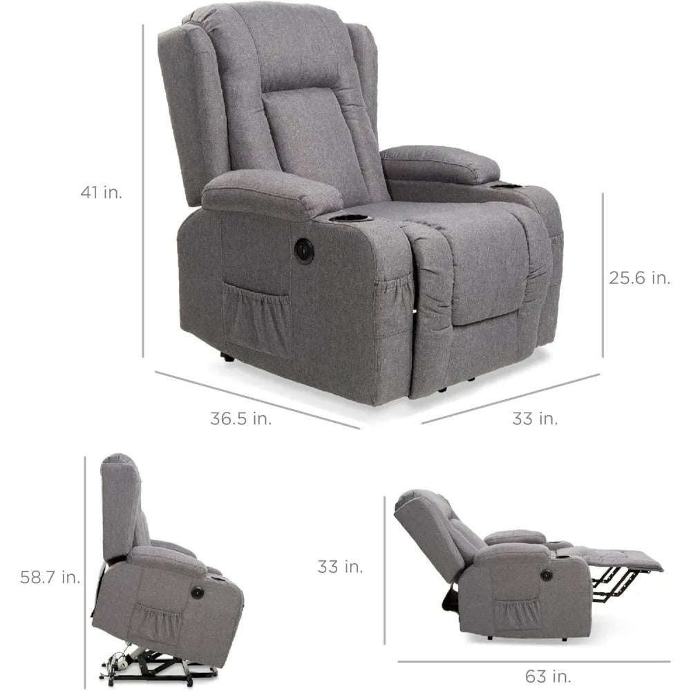 Modern Linen Power Lift Recliner Chair with Massage & Heat – Adjustable 3-Position Sofa with USB, Cup Holders & Side Pocket