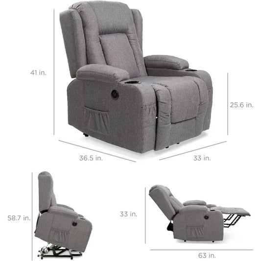 Modern Linen Power Lift Recliner Chair with Massage & Heat – Adjustable 3-Position Sofa with USB, Cup Holders & Side Pocket