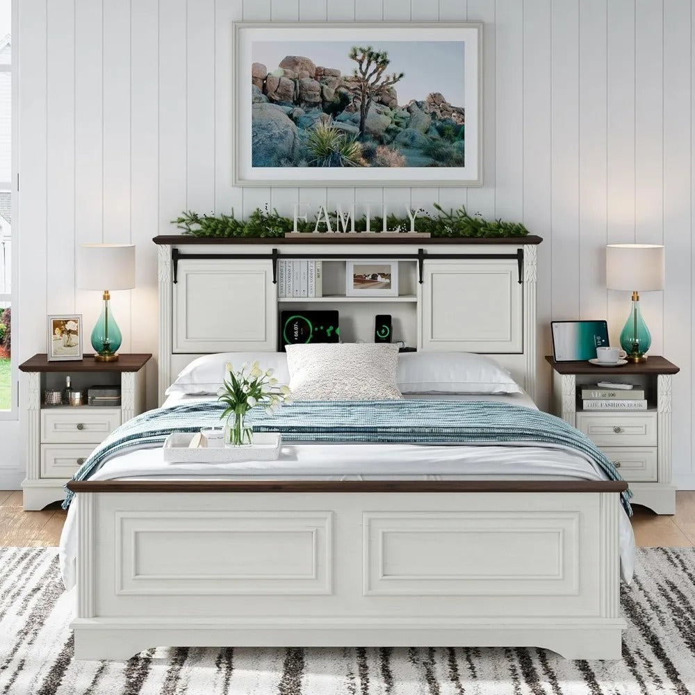 Farmhouse Queen Bed Frame with Bookcase Headboard, Storage, Charging Station & Barn Doors – Antique White Wood Platform