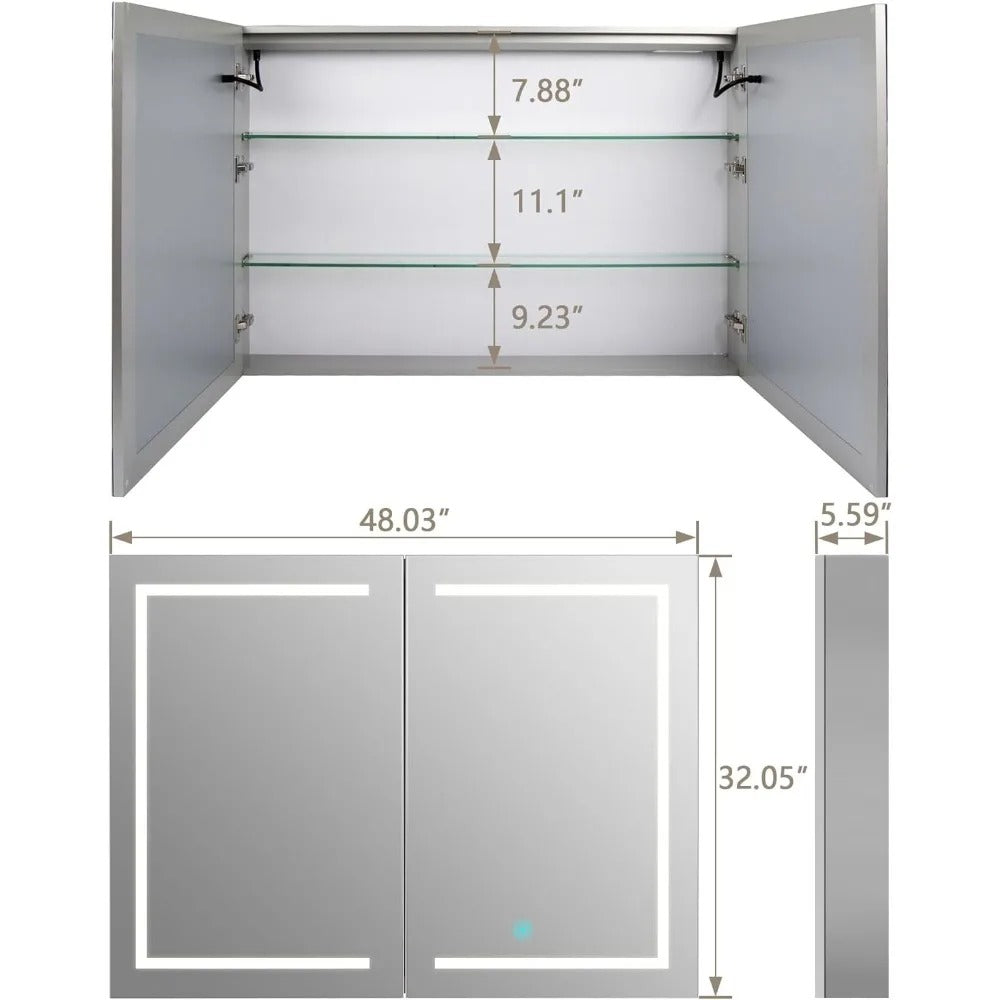 48" LED Medicine Cabinet Mirror – Dimmable Light, Anti-Fog, USB/Outlet, 3 Color Modes