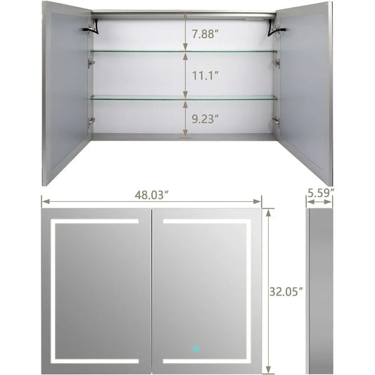 48" LED Medicine Cabinet Mirror – Dimmable Light, Anti-Fog, USB/Outlet, 3 Color Modes
