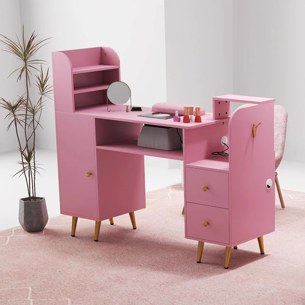 Modern Pink Nail Table with Dust Collector, Storage Cabinets, Power Outlets & Wrist Cushion – Manicure Station for Salon or Home