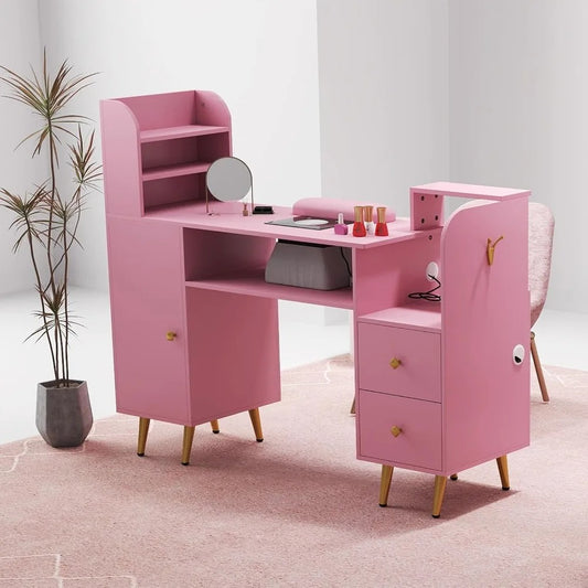 Modern Pink Nail Table with Dust Collector, Storage Cabinets, Power Outlets & Wrist Cushion – Manicure Station for Salon or Home