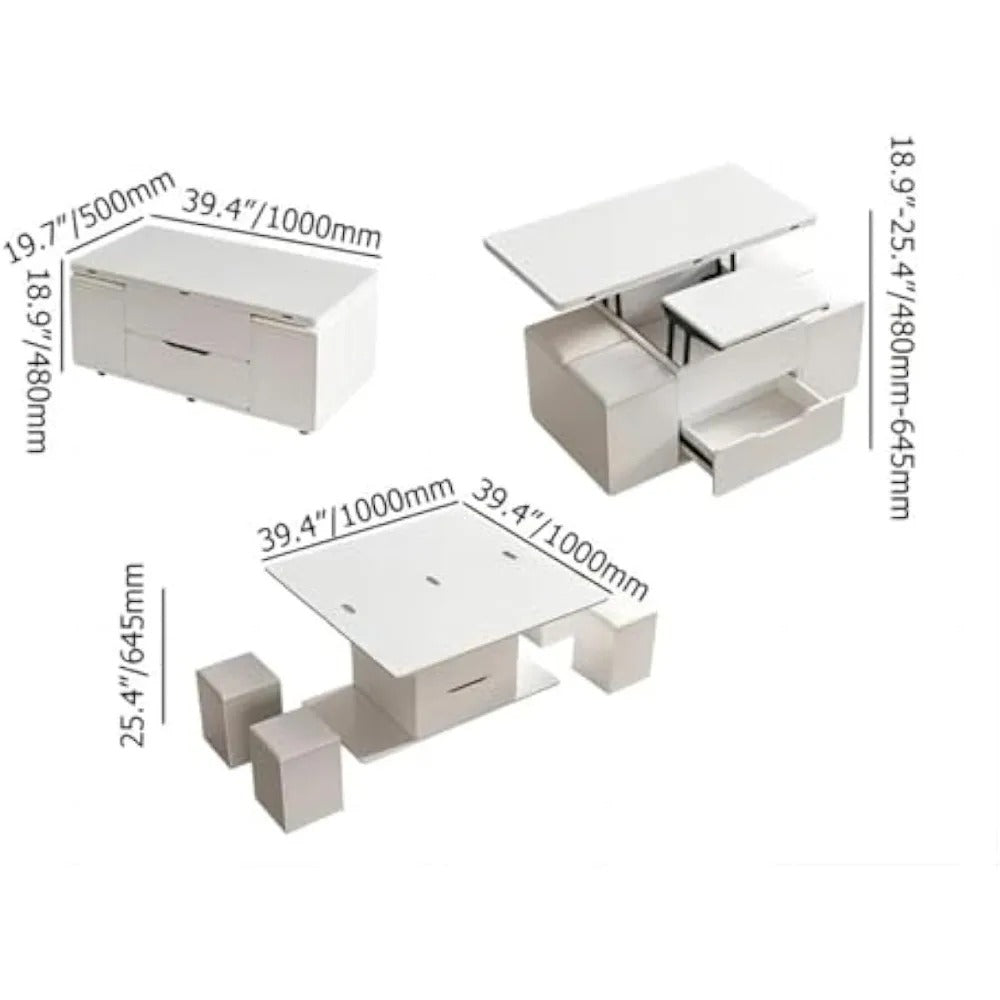 3-in-1 White Lift Top Coffee Table with Storage, Folding Dining Table & 4 Hidden Stools on Casters