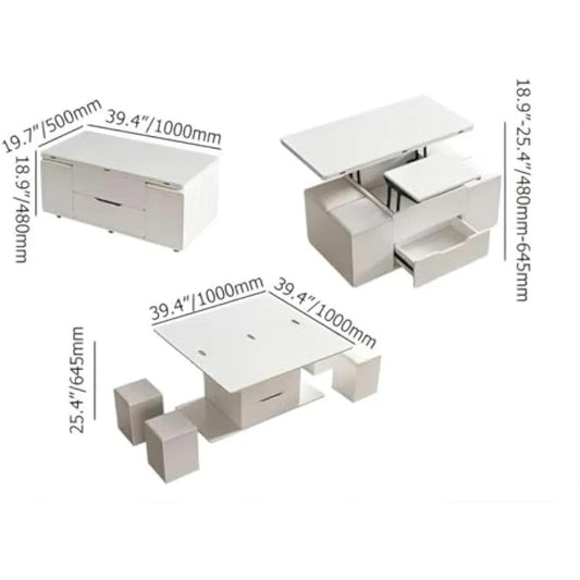 3-in-1 White Lift Top Coffee Table with Storage, Folding Dining Table & 4 Hidden Stools on Casters